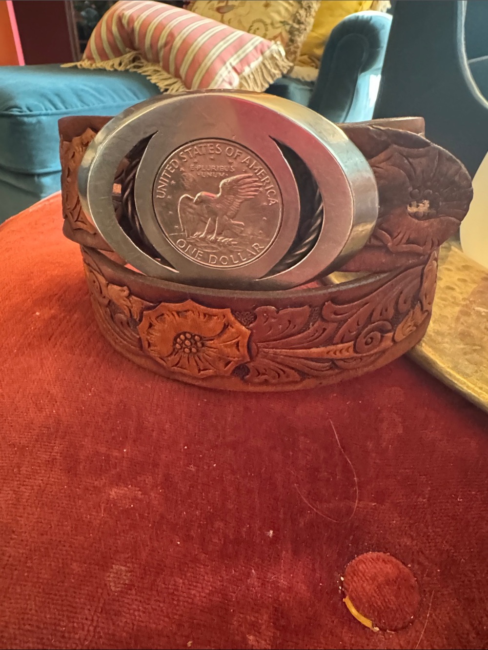 jcpenney Brown Hand-Tooled Leather Belt with Silver-Tone Coin Buckle